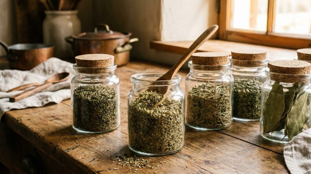 A close-up of dried oregano in a glass jar with a wooden spoon alongside various other dried herbs in similar jars in a 