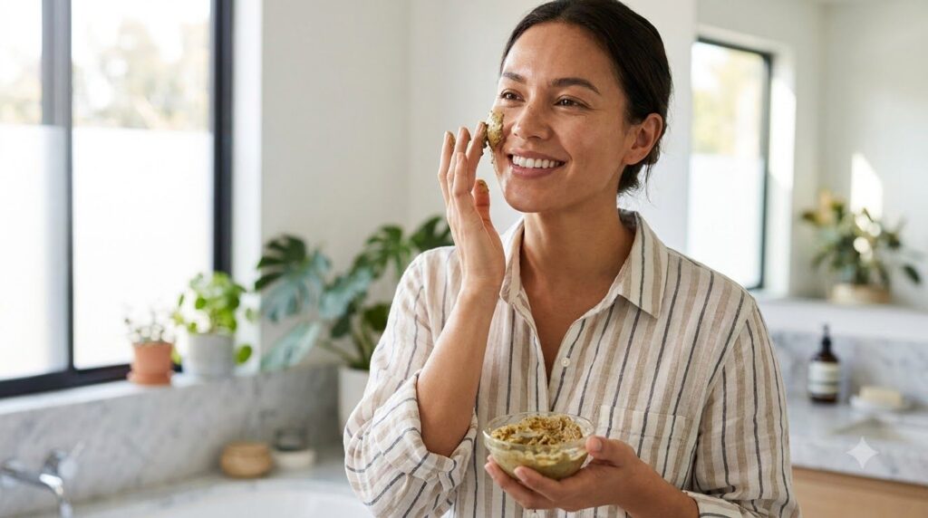 A woman applying a homemade face mask with natural ingredients to her clean face in a brightly lit bathroom looking rela