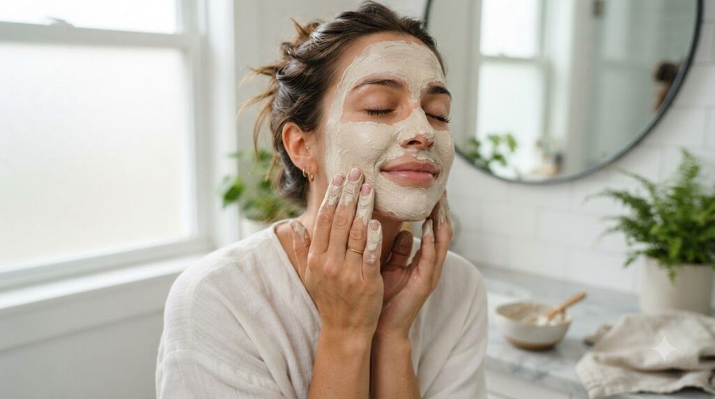 A person s hands gently applying a creamy light-colored face mask to their clean face with a bowl of the mask mixture vi