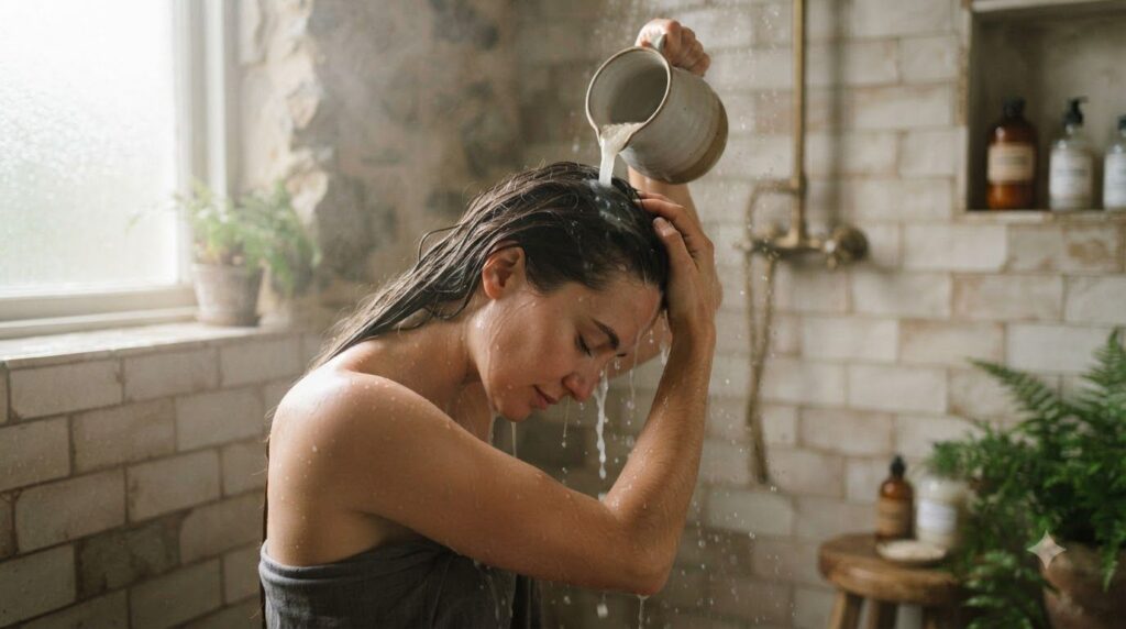 A person applying rice water to their hair perhaps massaging it into the scalp or rinsing