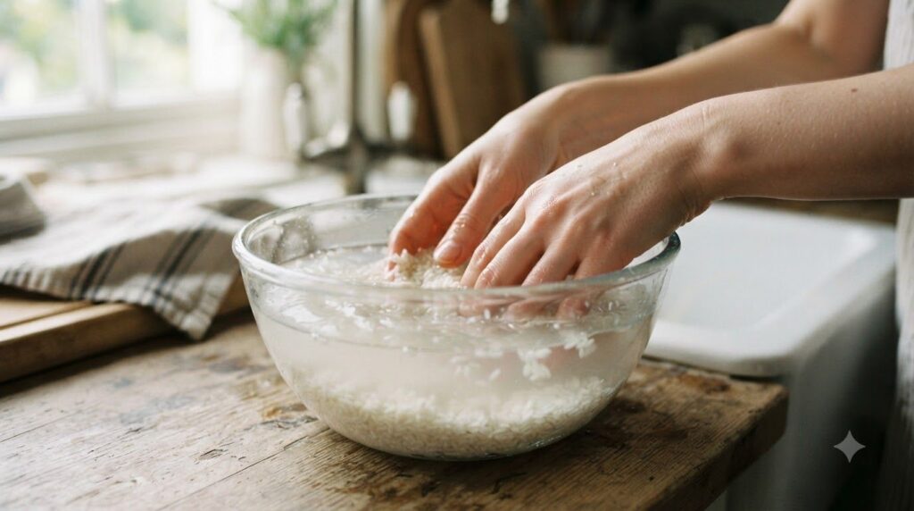 Hands preparing rice water showing the rice being rinsed or soaking in water in a bowl
