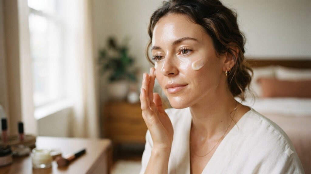A woman gently applying a small amount of the Vaseline and Vitamin E blend to her cheek illustrating careful application