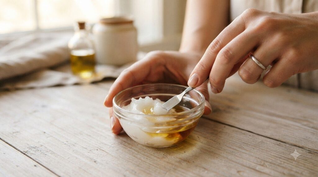 Hands mixing Vaseline and Vitamin E oil in a small glass bowl with a mini spatula creating a smooth blend