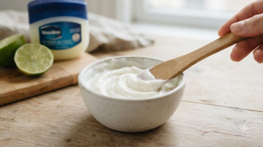 A close-up of a small clean bowl containing a white creamy mixture being stirred with a small spatula with a jar of petr