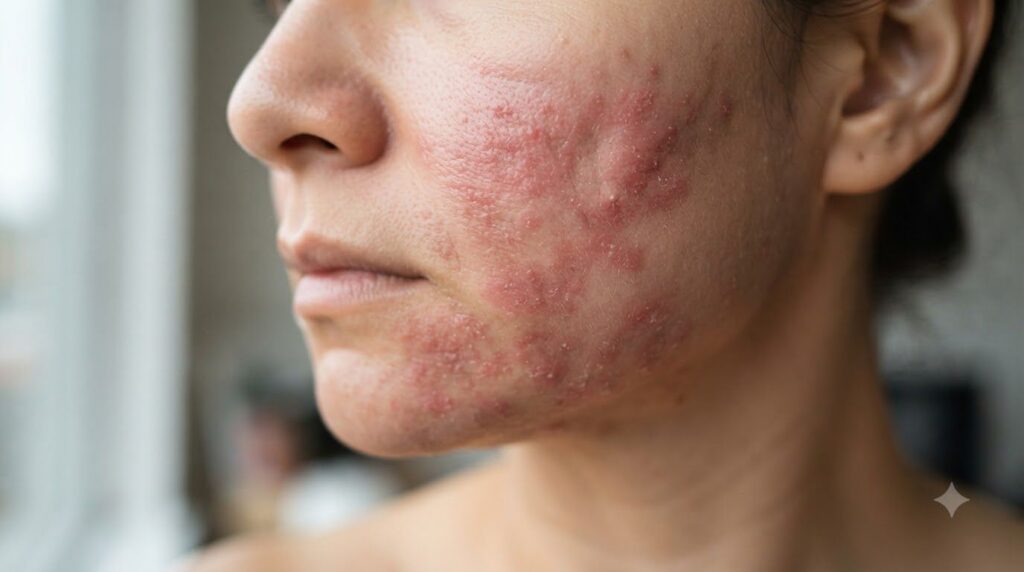 A close-up shot of sensitive skin showing patches of redness slight swelling and irritation representing the negative ef