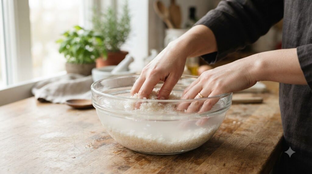 Close-up of a glass bowl with white rice soaking in clear water with a woman s hands gently stirring