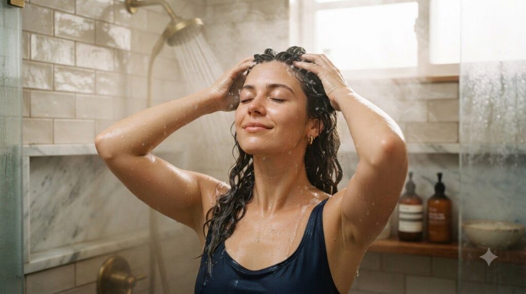 A woman gently massaging rice water into her scalp and hair in a shower with steam in the background showing a self-care