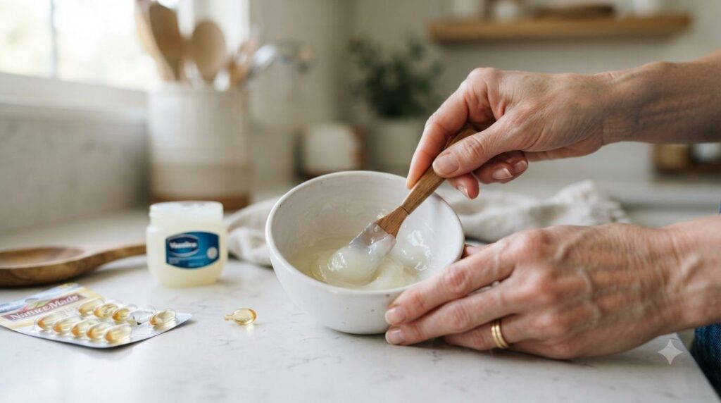 Hands mixing petroleum jelly and oil from a Vitamin E capsule in a small white ceramic bowl with a mini spatula on a lig