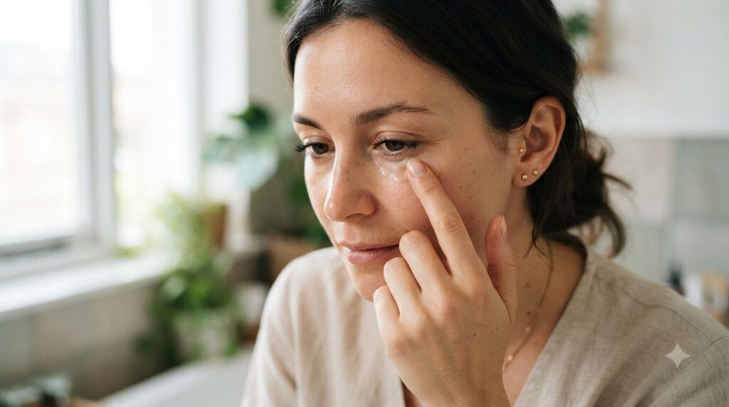 A woman gently dabbing a tiny amount of balm onto the skin around her eye with her fingertip showing a focused and delic
