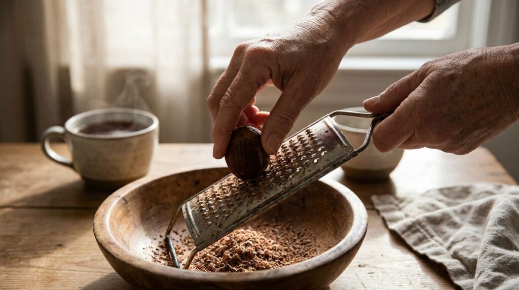 A close-up of a person grating a dried avocado pit into a bowl with a grater and a prepared cup of tea in the background