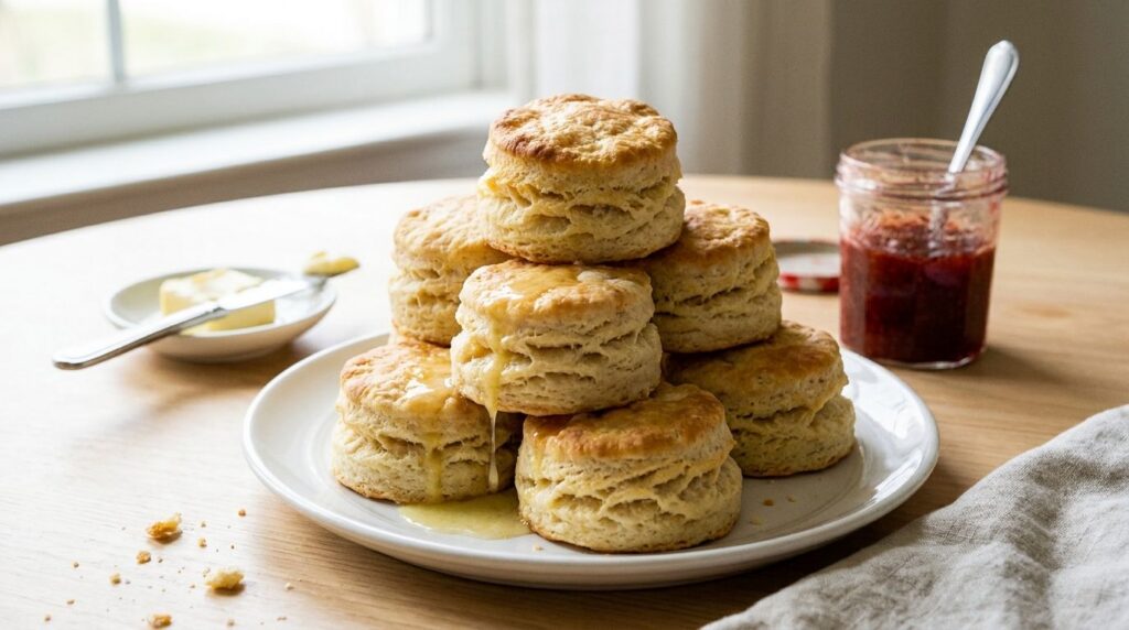 A stack of tall fluffy buttermilk biscuits on a white plate with a golden-brown top and visible layers A small dish of b