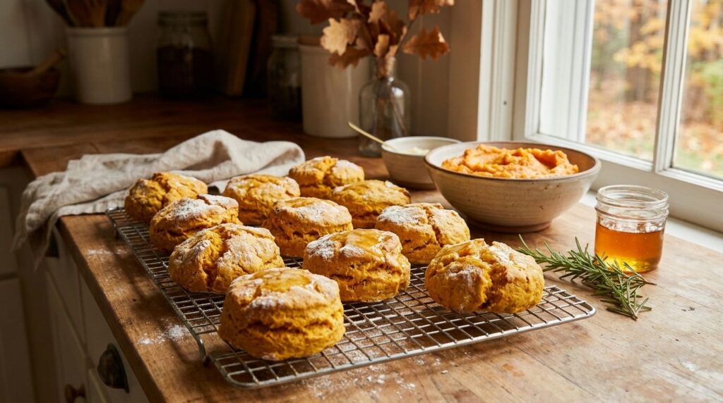 Golden-orange sweet potato biscuits freshly baked and arranged on a cooling rack showing a slightly craggy rustic textur