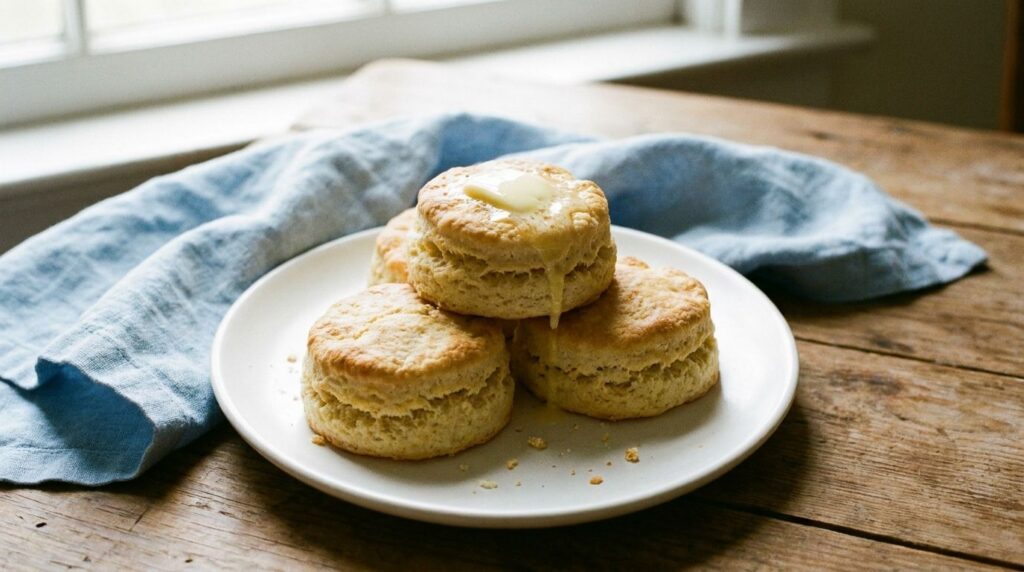 A trio of golden-brown fluffy cream biscuits on a simple white plate with a small pat of butter melting on one A light b