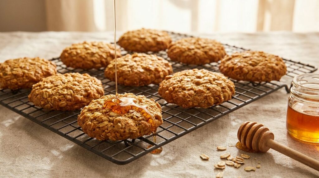 Rustic honey oat biscuits slightly golden-brown with visible oats arranged on a cooling rack A drizzle of honey is on on
