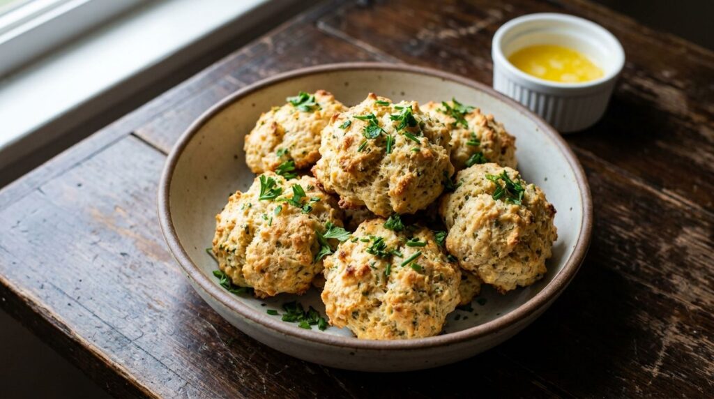 Rustic garlic and herb drop biscuits golden-brown piled in a warm ceramic bowl Fresh parsley and chives are scattered ov
