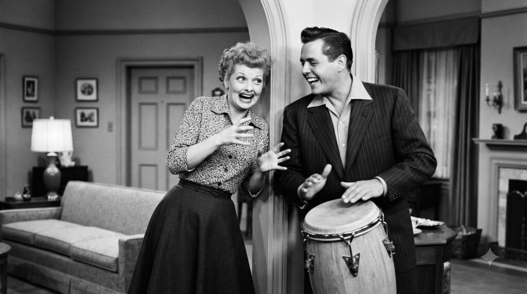 A real publicity photo of Lucille Ball and Desi Arnaz in a comedic pose from I Love Lucy