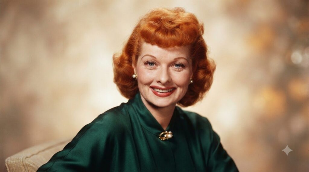 A real vintage headshot of Lucille Ball with her signature red hair and a charming smile