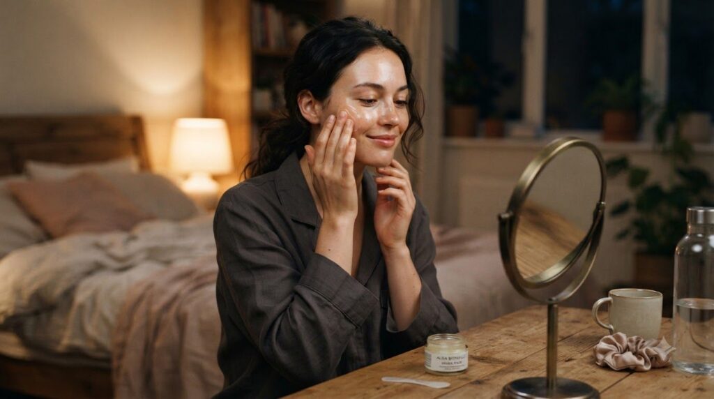 A woman gently applying a thin layer of the prepared Vaseline and oil balm to her face before bed with soft lighting and