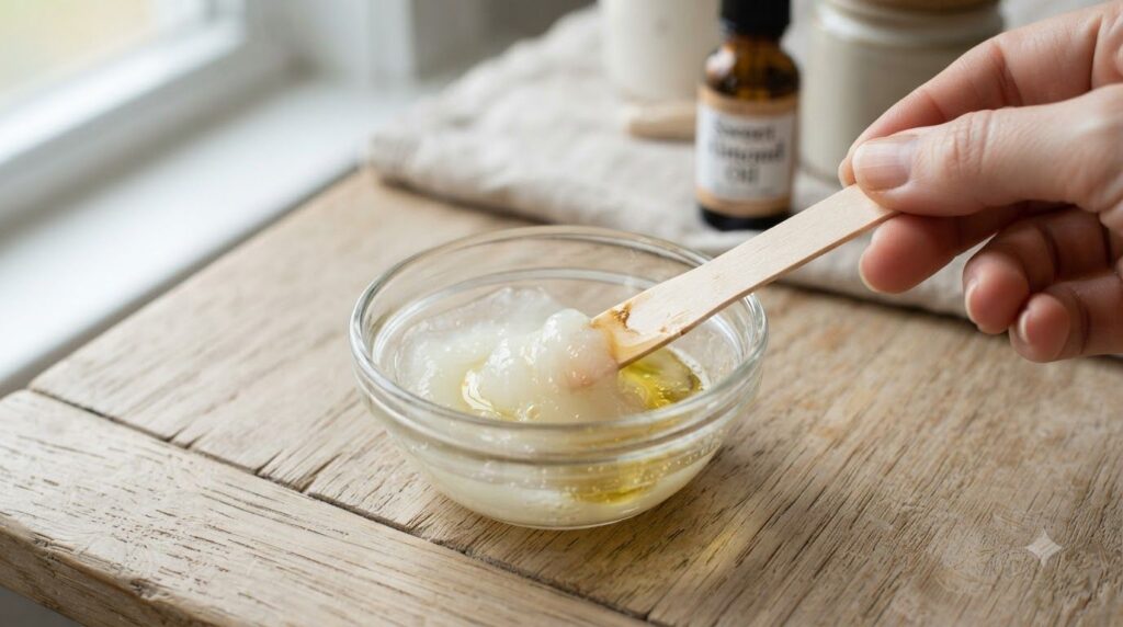 Close-up of a small bowl where Vaseline and sweet almond oil are being mixed together with a small spatula or spoon show