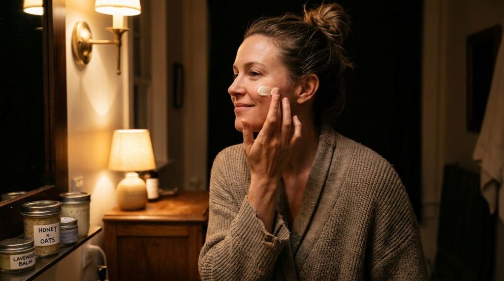 A woman gently applying a small amount of the DIY skin repair cream to her face at night with a soft warm light
