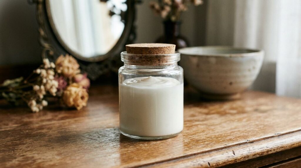 A small glass jar filled with the freshly made DIY skin repair cream showing its smooth texture placed on a vanity
