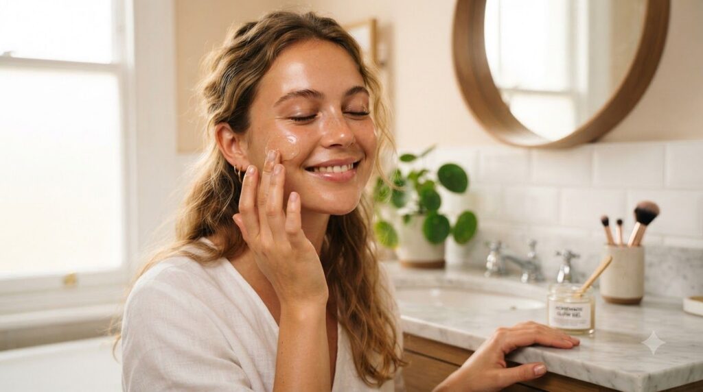A woman gently applying the homemade Vaseline glow gel to her face showing a smooth hydrated complexion