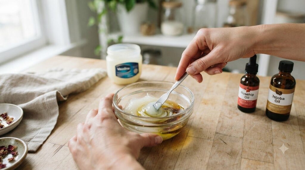 A person mixing Vaseline sweet almond oil and rosehip oil in a small clean bowl with a spatula to create a smooth balm