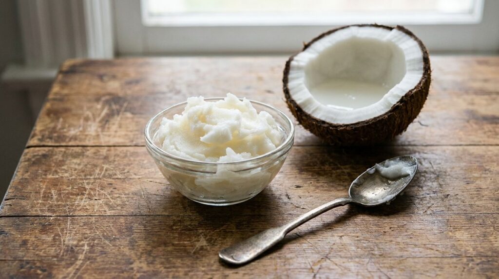 A small bowl of creamy coconut oil next to a fresh coconut and a spoon