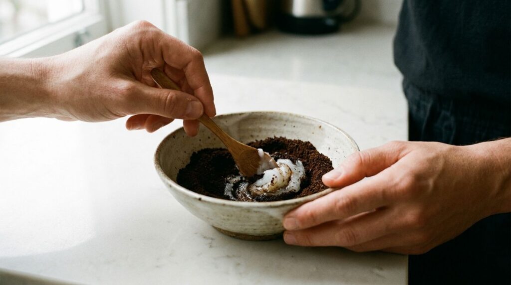 A person s hands gently mixing coffee grounds and melted coconut oil in a small bowl