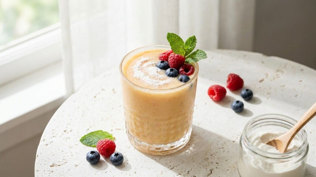 A vibrant refreshing drink like a smoothie or juice with the collagen powder mixed in garnished with fresh berries or mi