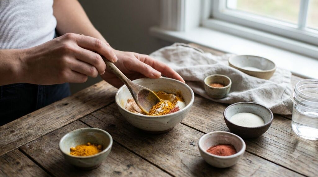 A person mixing dry powders in a small ceramic bowl with a wooden spoon creating a DIY beauty blend Ingredients are visi