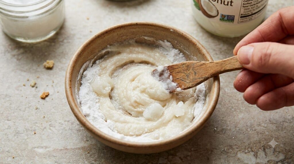 Close-up of a small bowl with baking soda and coconut oil being mixed into a smooth white paste using a tiny spatula or 