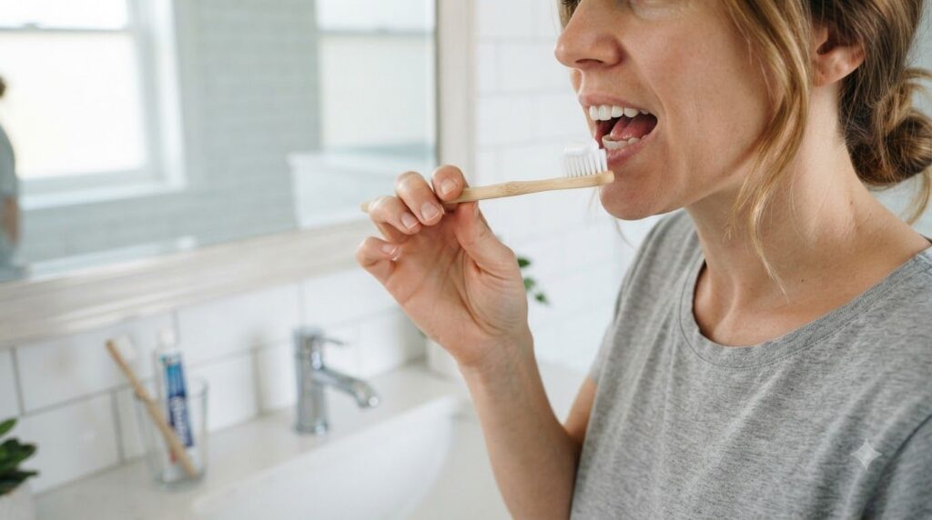 A hand holding a toothbrush with a small amount of white paste on it about to brush teeth against a soft clean bathroom 