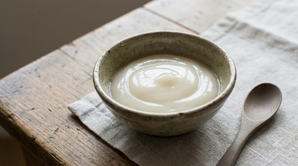 A close-up shot of a small bowl with the prepared 3-ingredient night gel showing its smooth creamy texture