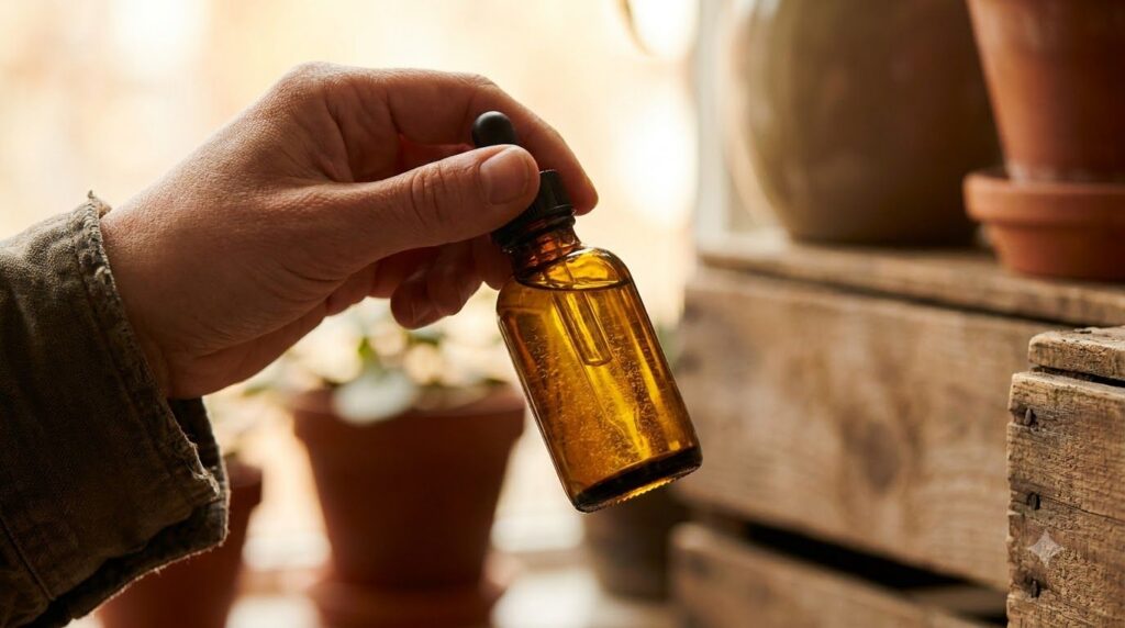 A close-up of a homemade DIY glowing skin oil in a dark glass dropper bottle being gently shaken to mix the turmeric pow