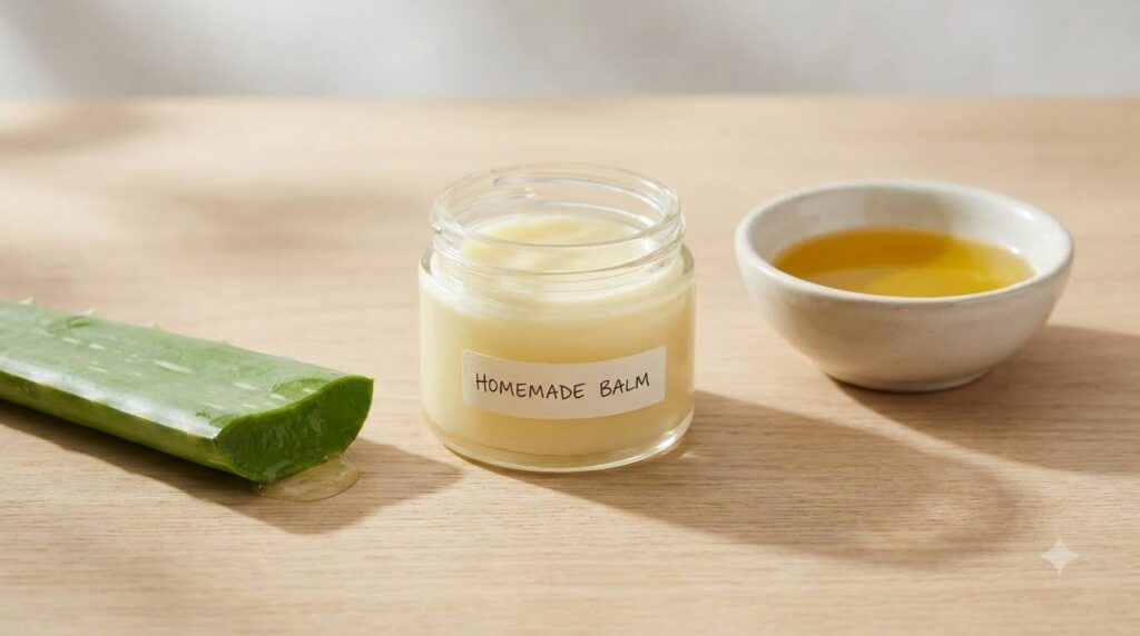A small clear glass jar filled with a creamy pale yellow Vaseline mix with fresh aloe vera leaves and sweet almond oil i
