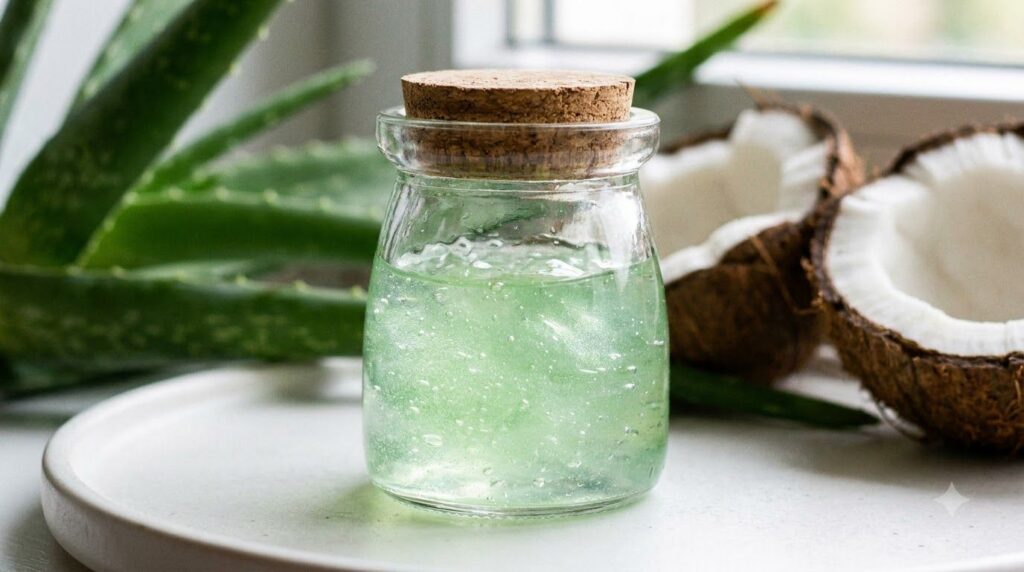 A close-up shot of a small glass jar filled with a translucent light green aloe vera and coconut oil gel ready for use T
