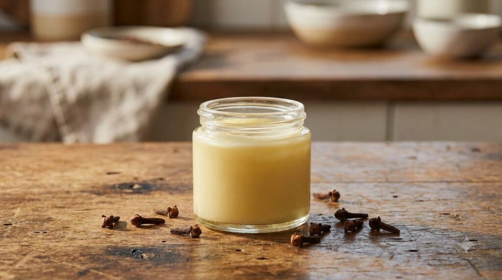 A small clear glass jar filled with a creamy pale yellow homemade balm with a few whole cloves scattered around it on a 