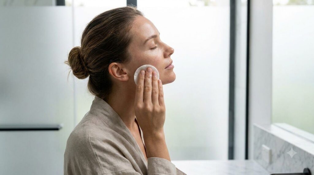 A woman gently applying a toner to her face with a cotton pad in a bathroom setting