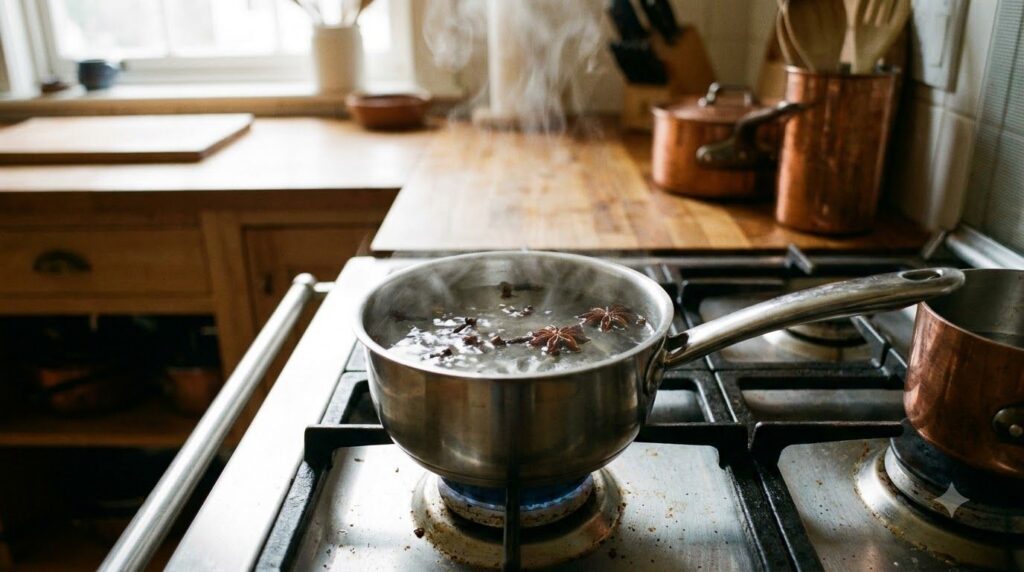 A small saucepan simmering on a stovetop with water whole cloves and star anise pods emitting a light steam