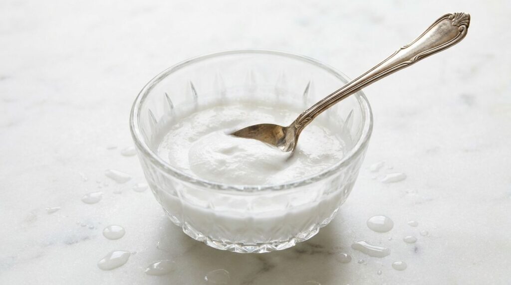 A close-up of a small glass bowl with a white baking soda paste and a spoon surrounded by a few drops of water on a clea