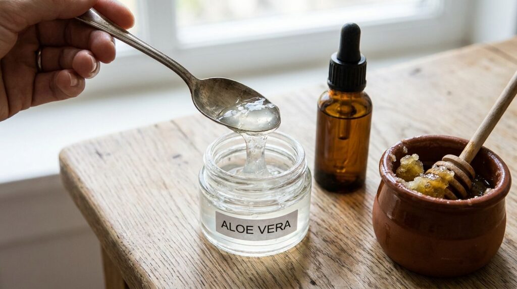 Close-up of ingredients for a soothing face mask a spoon scooping aloe vera gel from a jar a small bottle of almond oil 