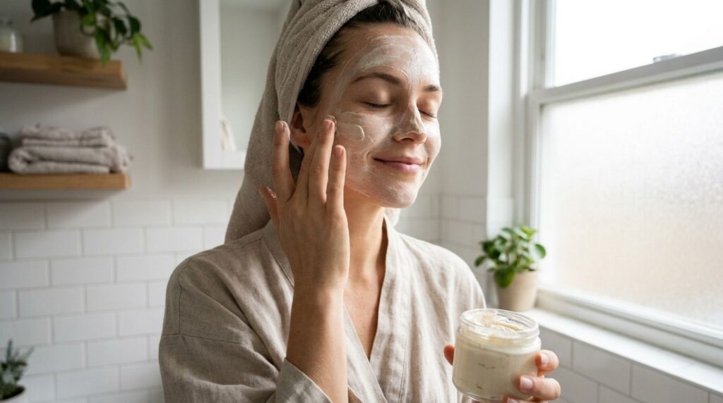 A woman gently applying a homemade creamy face mask to her clean face looking refreshed and calm Her eyes are closed in 