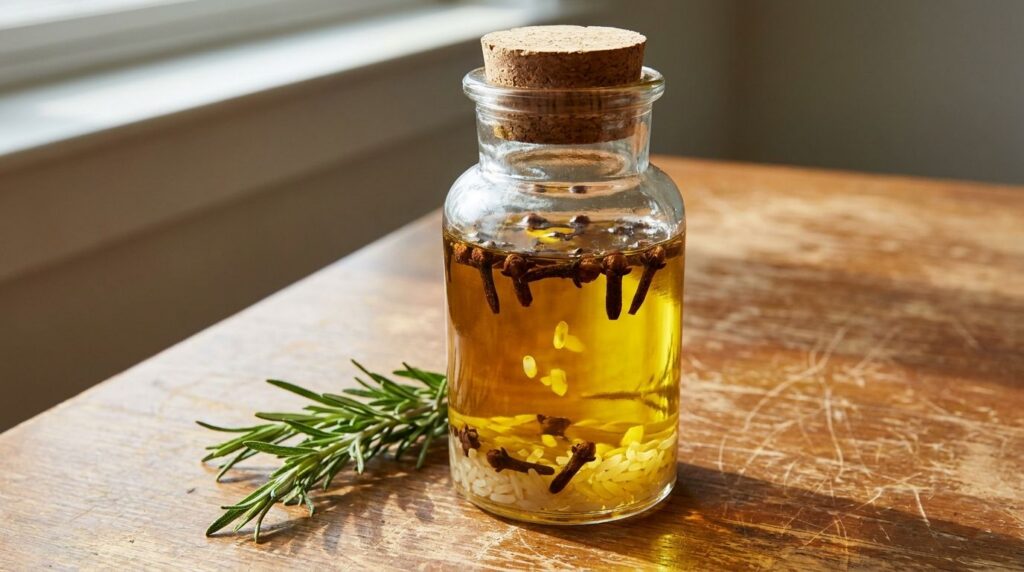 A close-up of a glass jar containing a clear oil infused with whole cloves and rice grains sitting on a wooden table nex