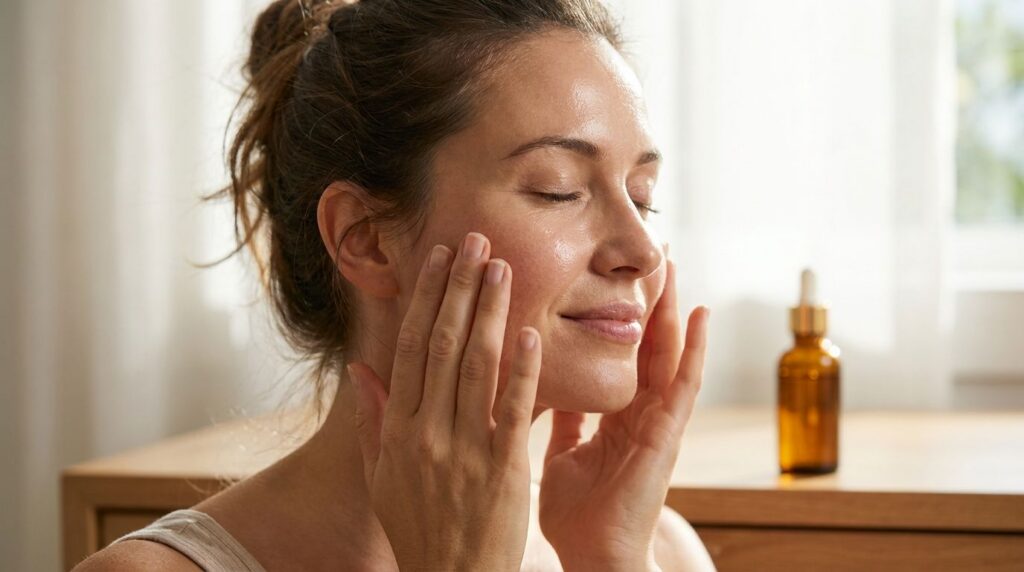 A woman gently applying face oil to her clean radiant skin with soft light Her hands are delicately massaging her cheeks