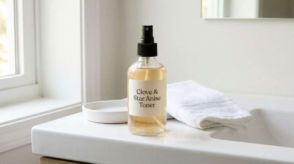 A clear glass spray bottle filled with a light amber toner liquid with a small label indicating Clove Star Anise Toner p