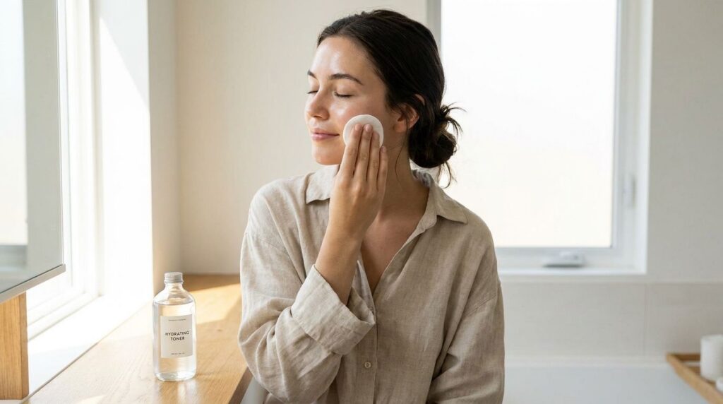 A woman gently patting her face with a cotton pad soaked in toner showing clear radiant skin Her eyes are closed indicat