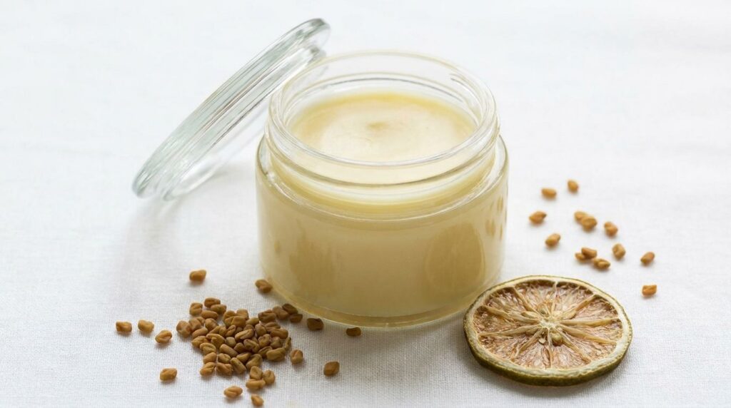 A small clear glass jar containing the finished DIY Vaseline fenugreek and lime blend looking creamy and light yellow pl