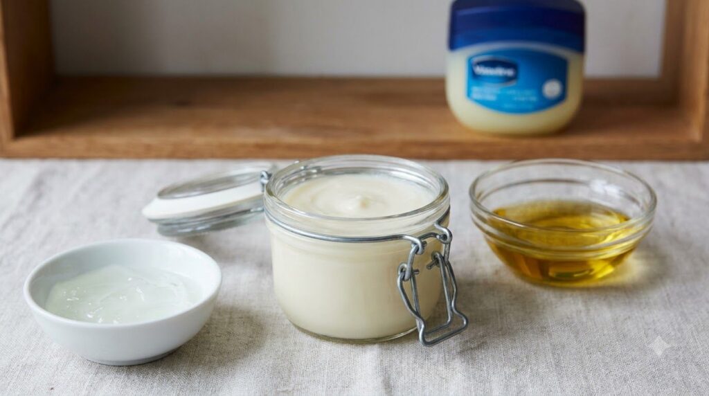 A small clean airtight container filled with a smooth creamy DIY Vaseline mix Next to it are small bowls of fresh aloe v