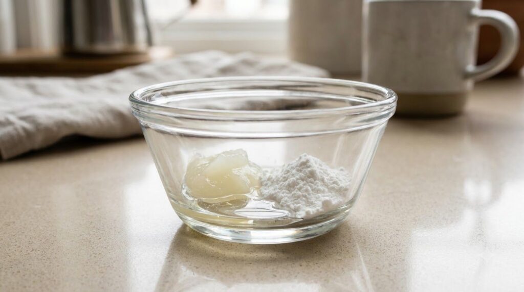 Close-up of a small glass bowl containing ingredients for the night gel Vaseline baby oil and white powder clearly visib